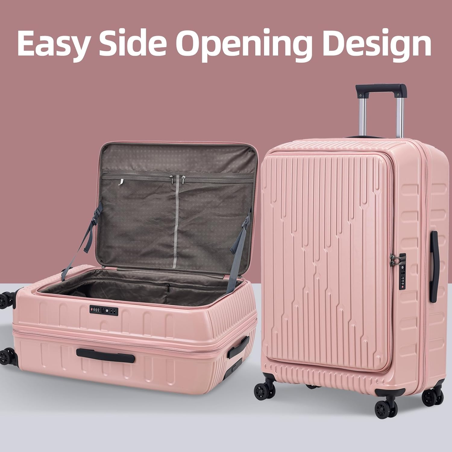 Kaleenie 29 Inch Luggage with Expansion & Side Opening Design, 50 * 31(35)*76Cm, 117L~133L Ligthweight ABS+PC Hardshell Checked Suitcase, TSA Lock & YKK Zipper with HINOMOTO 360&deg; Wheels, Pink, Pink, image number 3