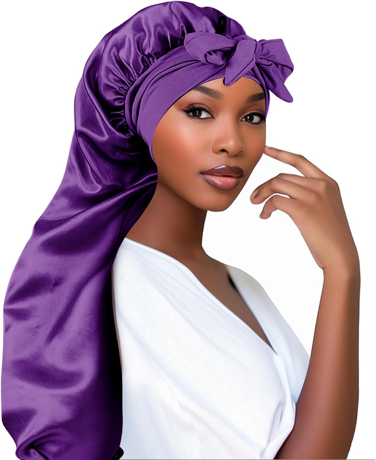 Extra Long Satin Bonnet for Women, Adjustable Braid Bonnet with Tie Band, Double Layer Elastic Silk Headwear, Black, One Size