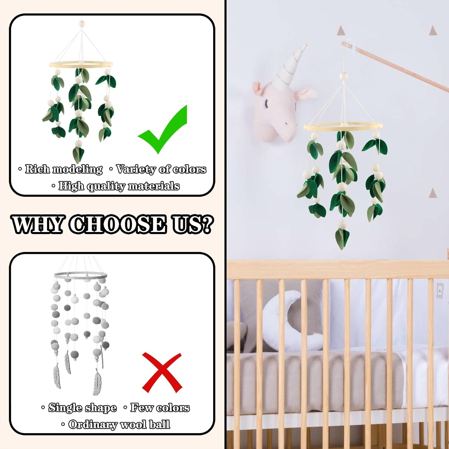 Baby Bed Bell, Mobile Baby Wooden Wind Chime Decor, Baby Bed Decoration, 3D Leaves Wooden Children'S Room Hanging Bed Bell, Wooden Ornament Gift for Baby Girls Boys image number 3