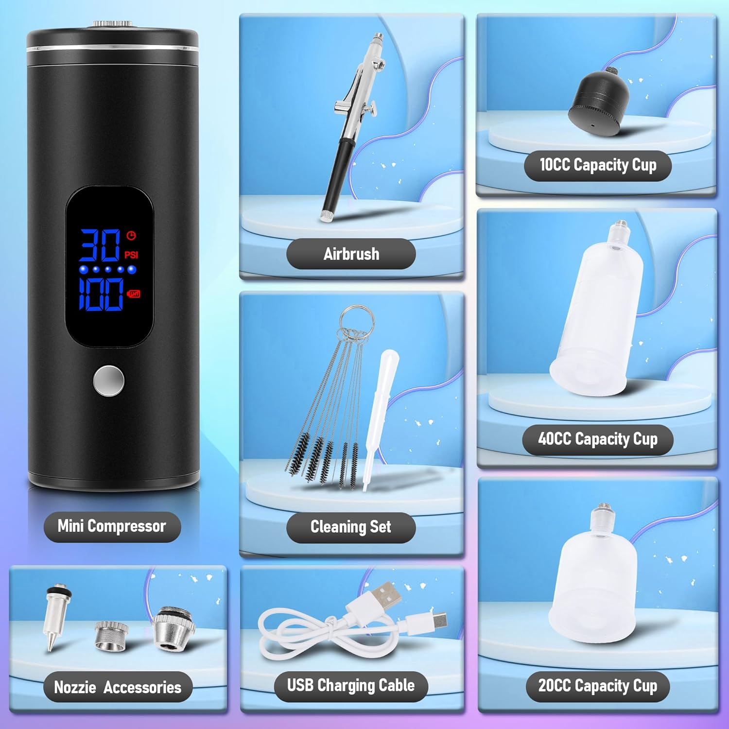 MEKOTRIN Cordless Airbrush Kit, Rechargeable Air Brush Gun Kit with LCD Display, High Pressure Air Brushes with 0.3Mm Nozzle and Cleaning Set for Painting, Tattoos, Makeup, Cake Decorating image number 1