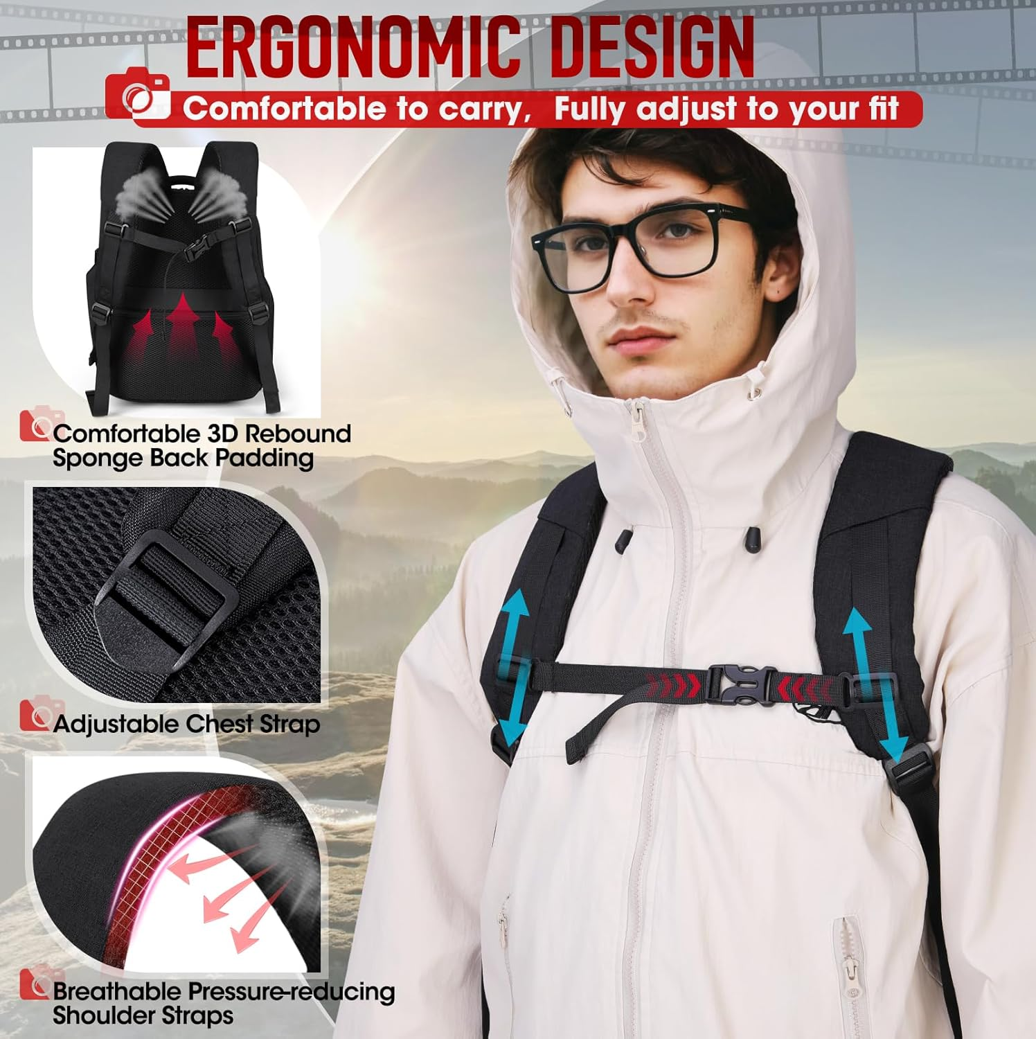 Lubardy Camera Backpack for DSLR SLR 15.6 Inch Laptop, Anti-Theft Travel Camera Case with Waterproof Rain Cover, Tripod Holder, Black image number 5