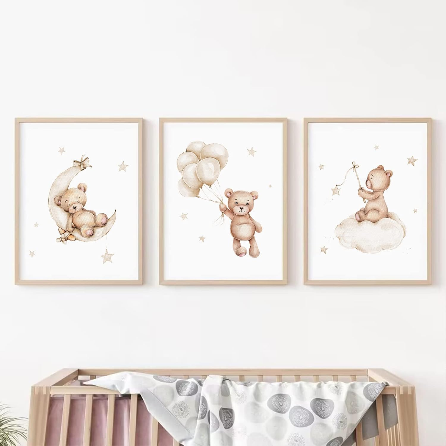 Bear Canvas Wall Art Set of 3 Teddy Bear Prints - Baby Boy & Girl Nursery Pictures - Moon Star Cloud Neutral Theme - 12X16 Inch Unframed