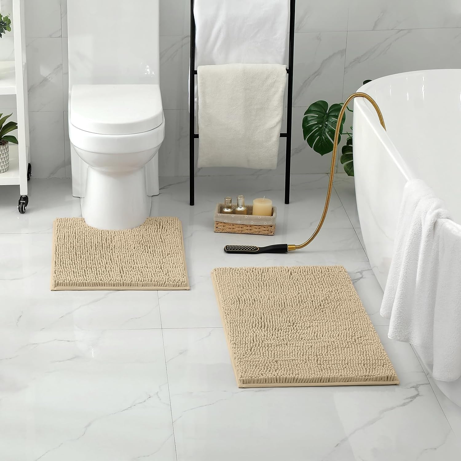 Taicols Bath Mat Set, 2 Pcs Non-Slip Microfiber Shag Bathroom Rug Mat, Chenille Non-Slip Back Bathroom Mat, U Shape Toilet Rug Fleece Softness, Bathroom Carpet, Super Soft Microfiber Bath Rug (Camel) - Gray image number 6