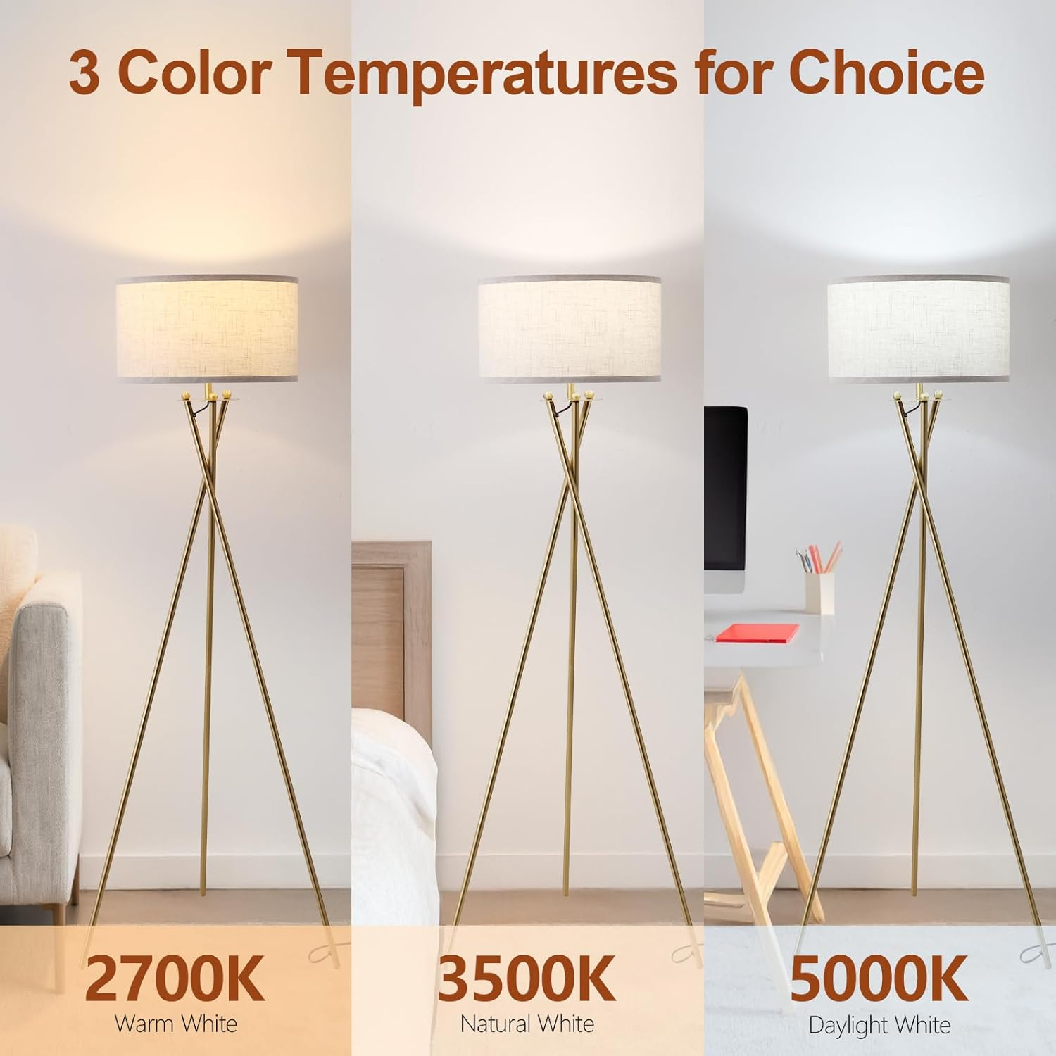 EOEYYOYB Tripod Floor Lamp with Linen Drum Shade, Modern Polished Brass Tall Floor Lamp, Reading Standing Light for Living Room Bedroom Office, Gold image number 3
