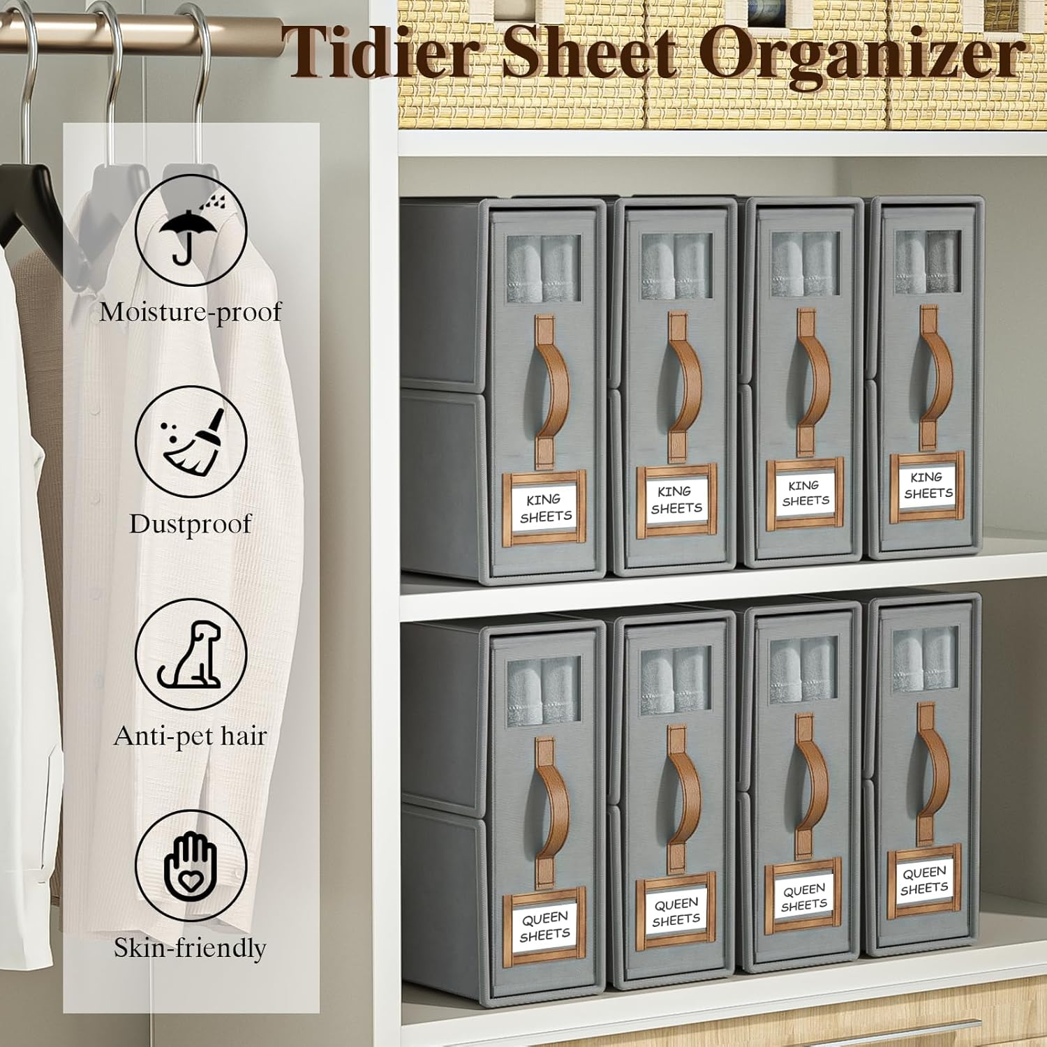 Bed Sheet Organizers and Storage,Foldable Sheet Organizer for Linen Closet,Linen Bedding Storage Box with Leather Handle for Bedsheets,Flannel Blankets,Thin Quilts (Gray, 4 Pack)