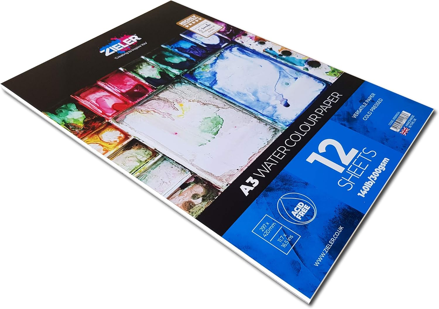 Fine-Grain Textured Watercolour Paper Pad - 300Gsm, 12 Sheets - by Zieler&trade; - Ideal for Soaking & Masking. Made in UK (A3) image number 2