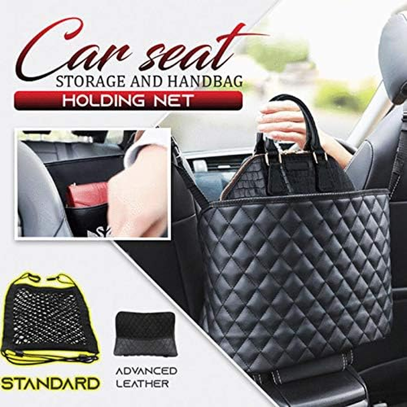 Car Purse Holder - Durable Leather Seat Back Organizer, Front Seat Storage Barrier, Pet & Kids Driver Storage Netting Pouch - Black image number 3