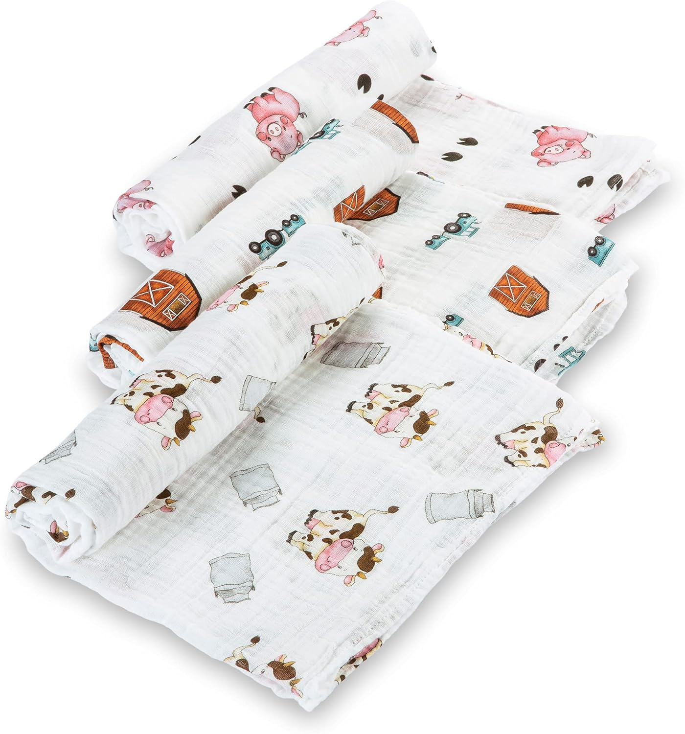Lollybanks Baby Blankets 3 Pack, 100% Organic Cotton Neutral Muslin Swaddle Blankets for Boys and Girls, Soft and Breathable 120 X 120 Cm Newborn Receiving Blanket, Registry (Pig, Cow and Barn Farm) image number 1