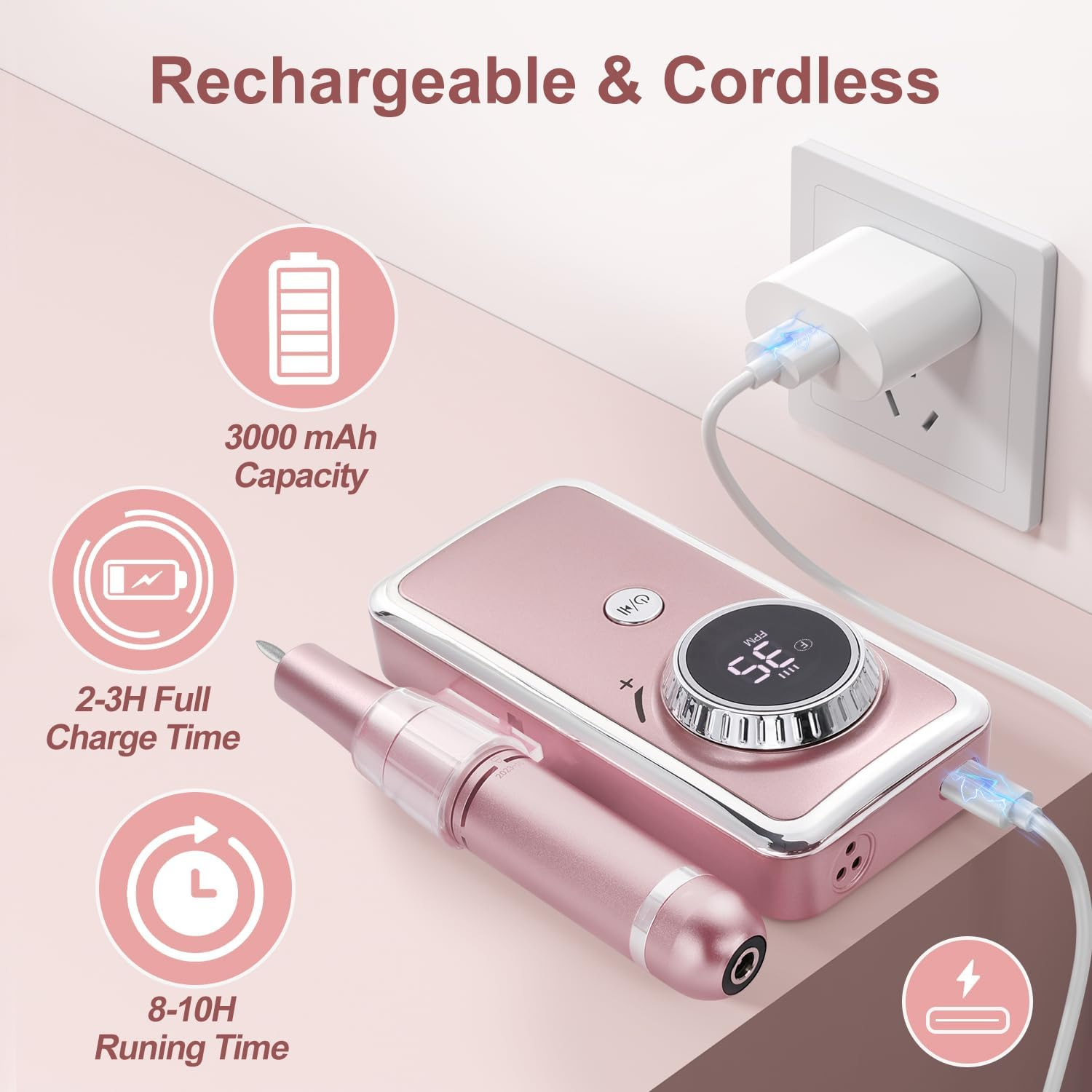 Electric Nail Drill Professional, 35000RPM Portable Efile Nail Drill with 11Pcs Nail Drill Bits, Rechargeable Nail Drill Machine with LCD Display for Acrylic Nail Remove Gel Polish for Home Salon Use