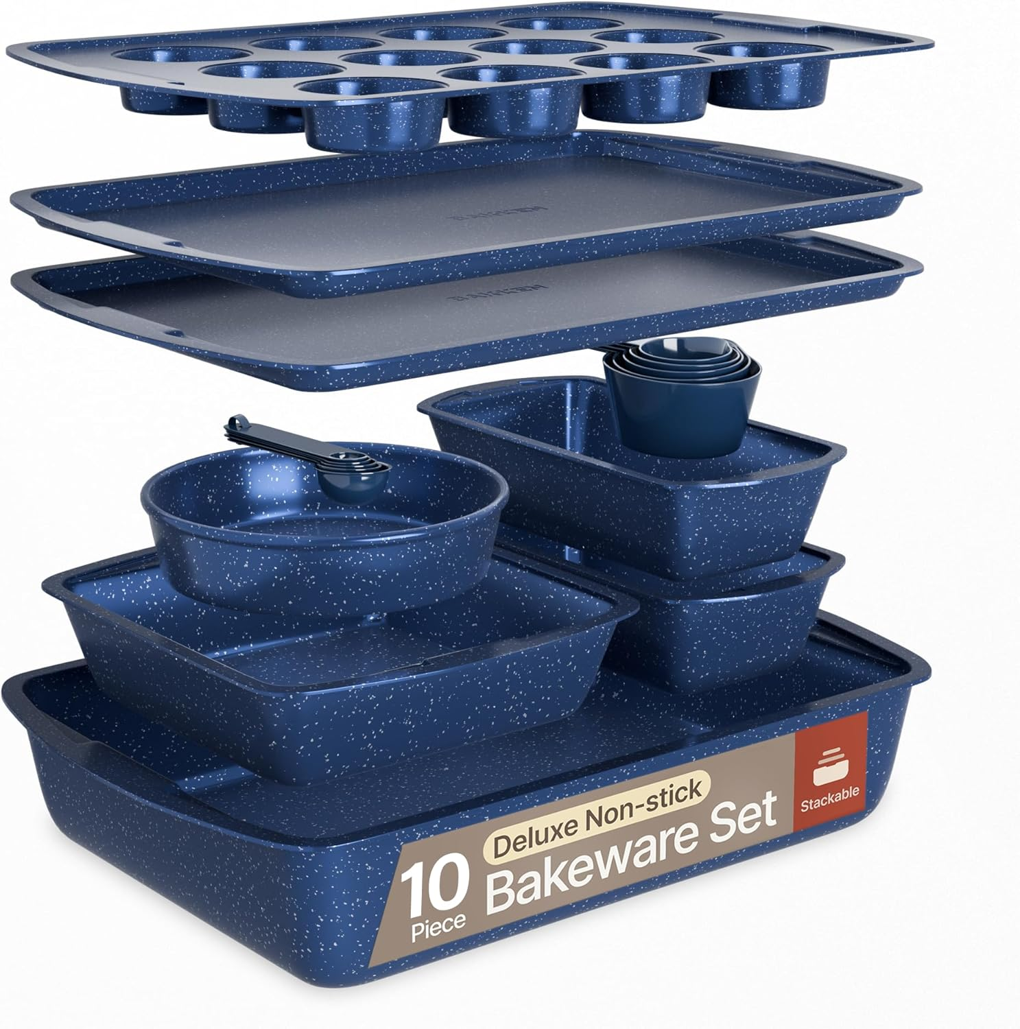 Green 10-Piece Bakeware Sets, Nonstick Carbon Steel Baking Sheet & Pans, Stackable Space-Saving Bakeware, Dishwasher Safe, Stain-Resistant, PFOAPFOSPTFE Free, Oven Safe up to 450&deg;F (230&deg;C)
