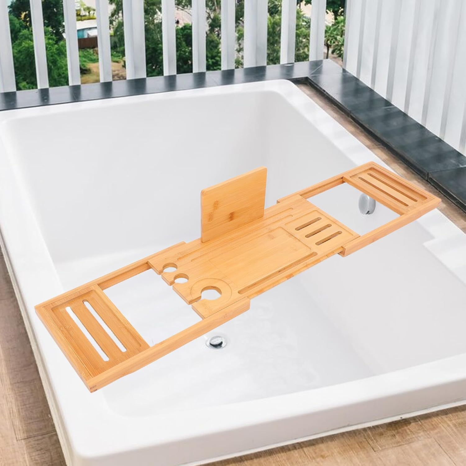 HOODANCOS Expandable Bamboo Bathtub Tray Organizer with Adjustable Multifunctional Bath Shelf for Soap Shampoo and Accessories Storage Elegant Bathroom Storage Rack for Various Tub image number 2