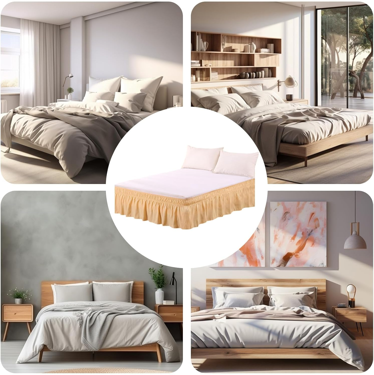 Wrap around Bed Skirts for Beds Drop, Adjustable Elastic Dust Ruffles Queen King Full Twin Bedskirts Machine Washable (Beige, Full) image number 2