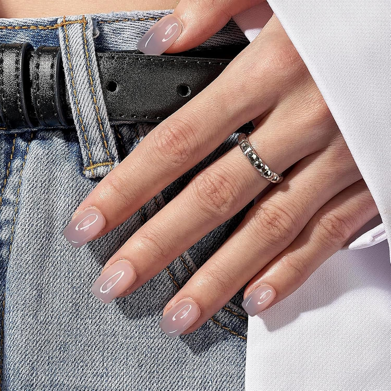 Mrltau Press on Nails Short, 24 Piece Stick-On Nails Set with Jelly Glue Stickers and Double-Sided Nail File, Environmentally Friendly False Nails for Natural Look image number 6