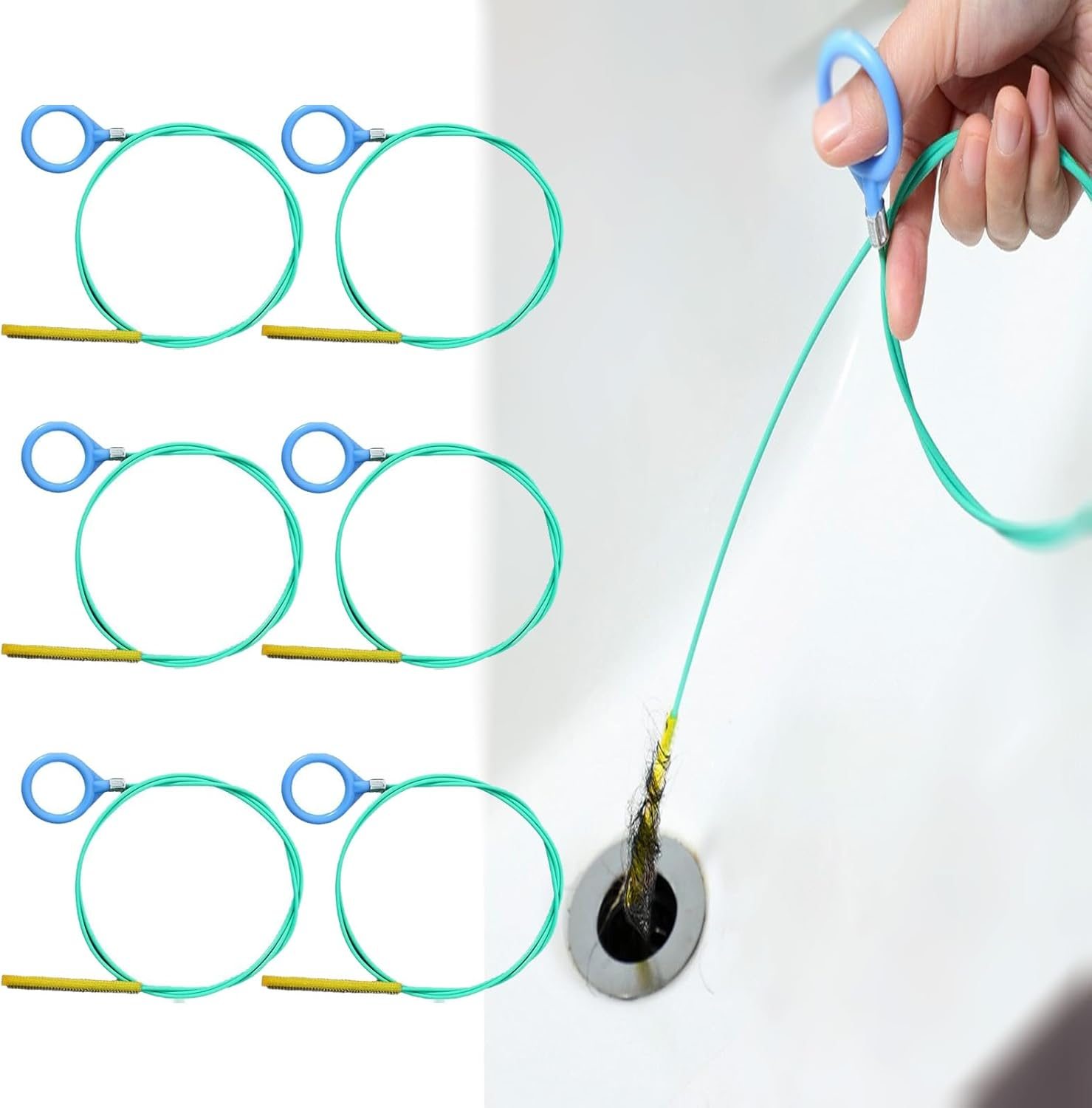Pack of 6 Drain Cleaner Spiral, 90 Cm Long Spiral Drain Pipe Cleaning, Drain Spiral Stainless Steel Cleaning Hook Sticks, Flexible Pipe Cleaning Brush, Pipe Brush, Hair Catcher for Drain