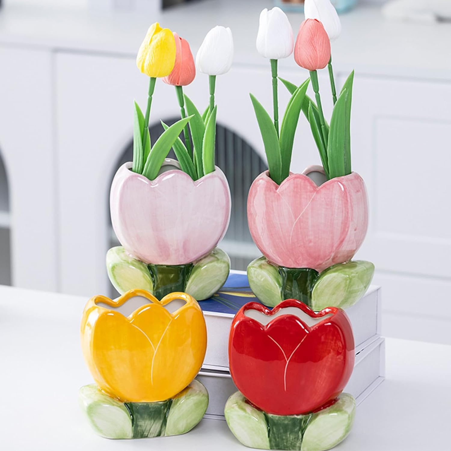 TANG SONG Ceramic Tulip Make up Brush Holder Flower Cosmetic Storage Box Pen and Pencil Holder Desktop Organizers (Yellow) image number 6