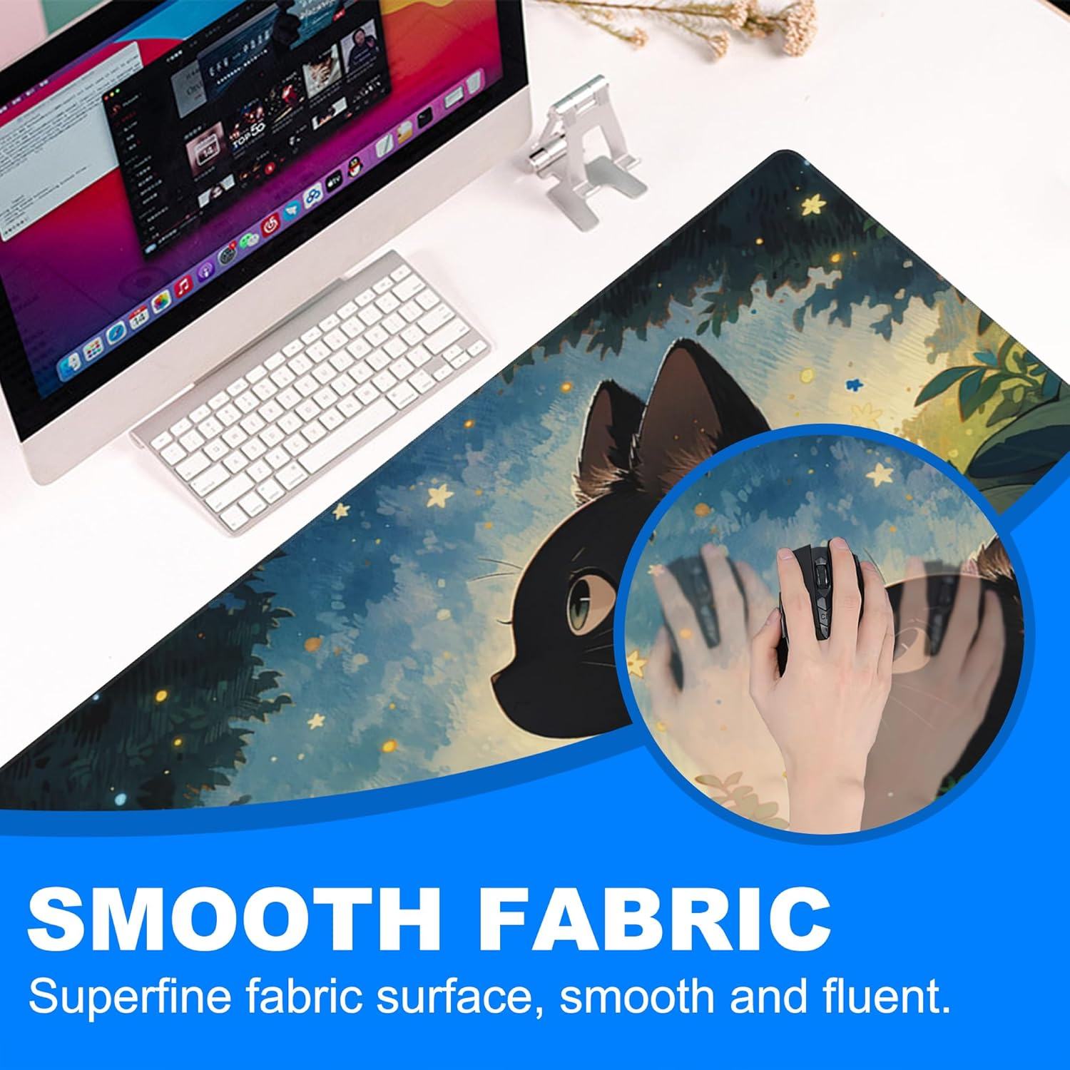 Desk Pad, Anime Cute Black Cat Extended Gaming Mouse Pad Large, 31.5"X11.8" Big Mouse Pad with Non-Slip Base and Stitched Edge, Long Computer Keyboard Mouse Mat for Home Office Work image number 7