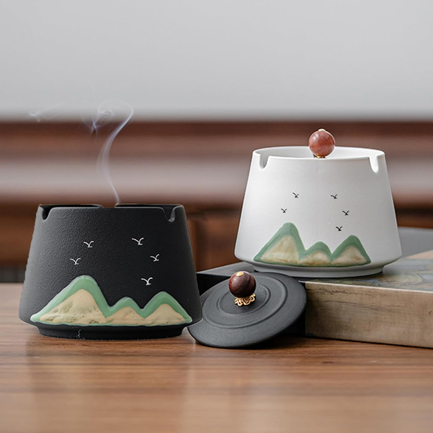 Ashtray Ceramic Ashtray with Lid Windproof Painted Ceramic Hand-Made Ashtray Creative Ash Holder Portable Ash Tray for Home Office Travel Decoration SH0103 (Black) - White image number 3
