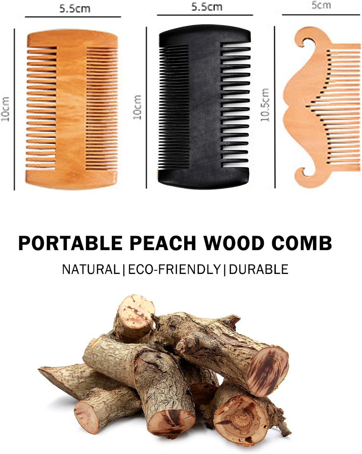 Rolxmed Wooden Beard Comb for Men Wide/Fine Close Teeth, Eco-Friendly Natural Peach Wood, Smooth, Lightweight, Portable for Travel (Set_1, 3 Pieces) image number 4