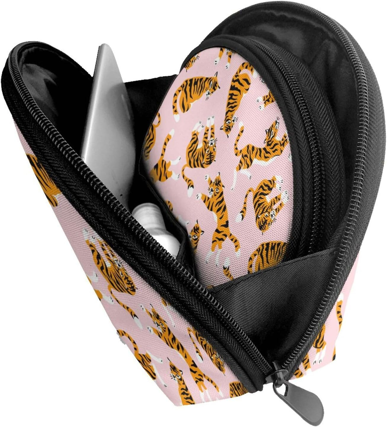 Cozimangoe Coin Pouch Makeup Bags Set, 2 Piece Shell Shape Cosmetic Bag with Pockets for Daily Travel Handbag Lipstick Keys Toiletry, Personalized Circus Animal Cute Tigers on the Pink Background image number 4