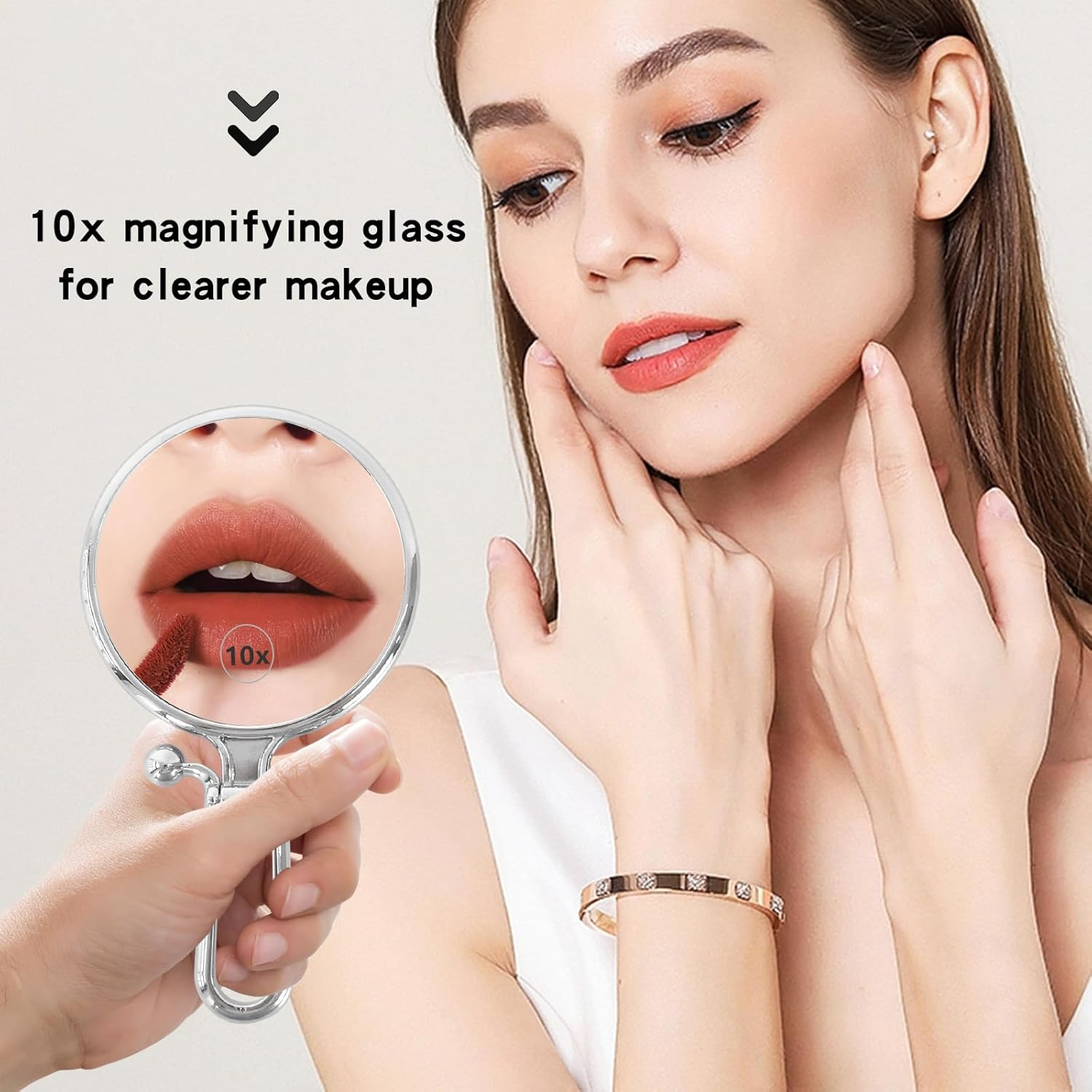 Hand Mirror, Magnifying Mirror 10X/1X, Handheld, Double Sided Travel, Hand Mirror with Handle, Hand Held Compact Mirror Portable Foldable Makeup Mirror (Silver)