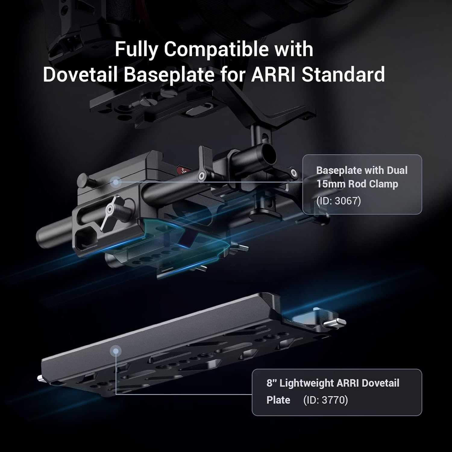 Smallrig 8'' Lightweight Dovetail Plate for ARRI with Maximum Load 20Kg, Dovetail Plate with Safety Design for Attaching Kit, Baseplate, Cheese Plate or Vehicle- 3770 image number 1