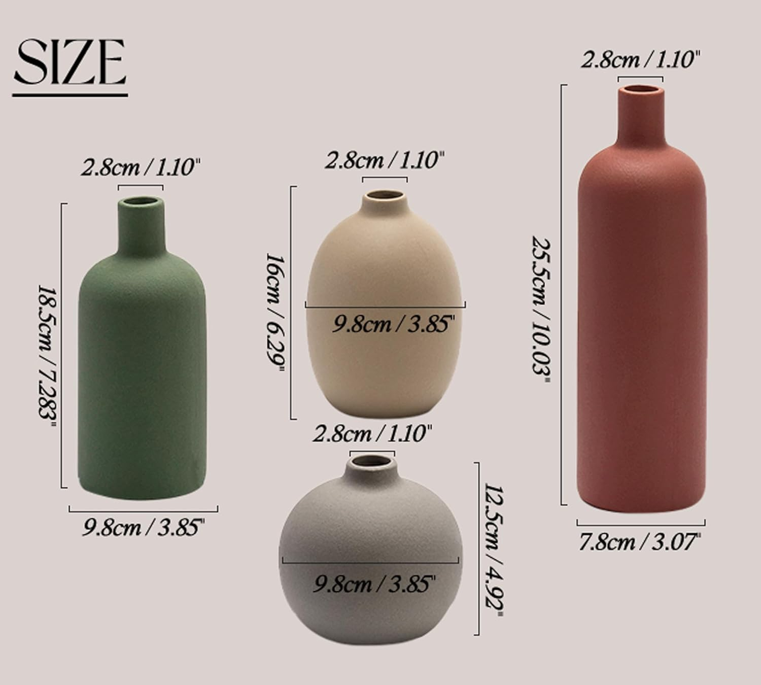 Ceramic Vase Set of 4, Classic Matte Flower Vases for Home Decor, Bookshelf, Bathroom, Living Room (Red/Green/Dark Brown/Grey) image number 3
