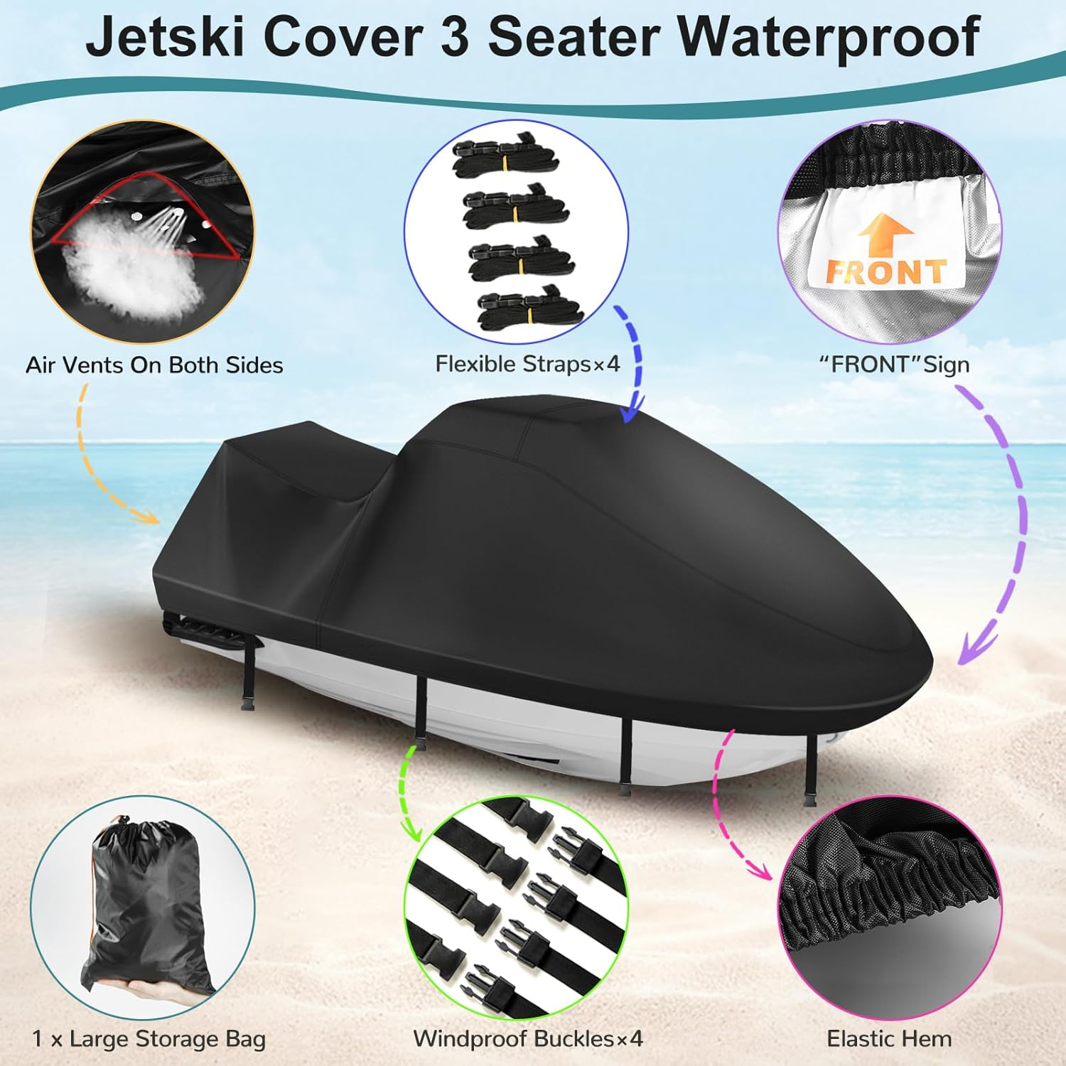 Jetski Covers,Upgraded 420D Waverunner Cover Waterproof,Durable Jet Ski Cover 3 Seater with 2 Air Vents，4 Windproof Buckles，Easy On，All Weather Universal Cover for Seadoo Spark(Black, XL:115"-120") image number 2