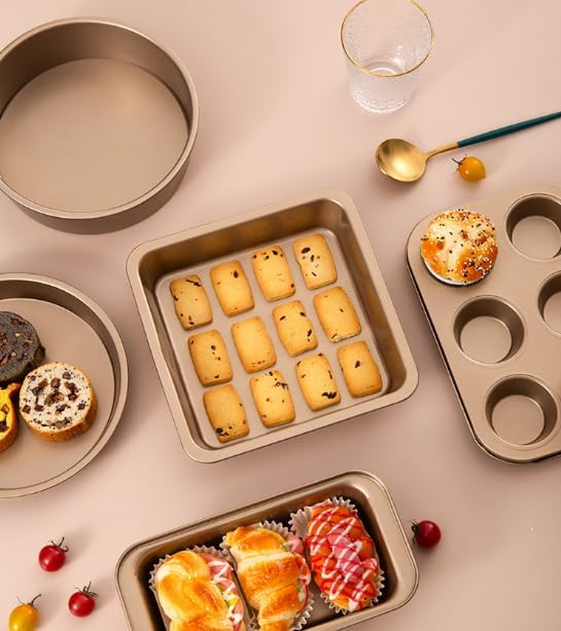 Baking Pans Nonstick Set, Bakeware Sets with round Square Cake Pan, Muffin Pan, Loaf Pan, Roast Pan, Baking Sheets for Oven, Kitchen Cookware Sets Baking Supplies 5-Piece, Gold image number 6