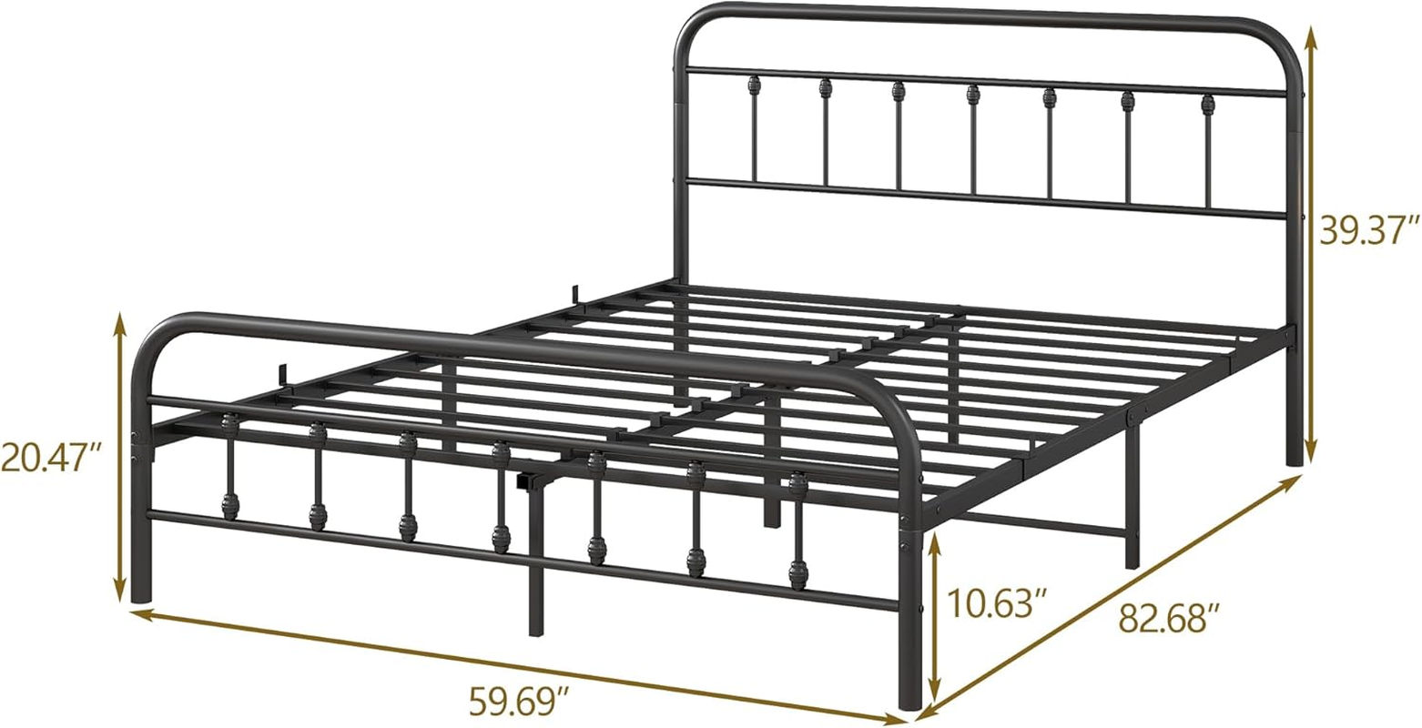 Vintage Queen Size Bed Frame with Headboard and Footboard, Queen Bed Base with Heavy Duty Metal Platform Bed Frame Steel Slat Support (Queen, Black Sanded) image number 4