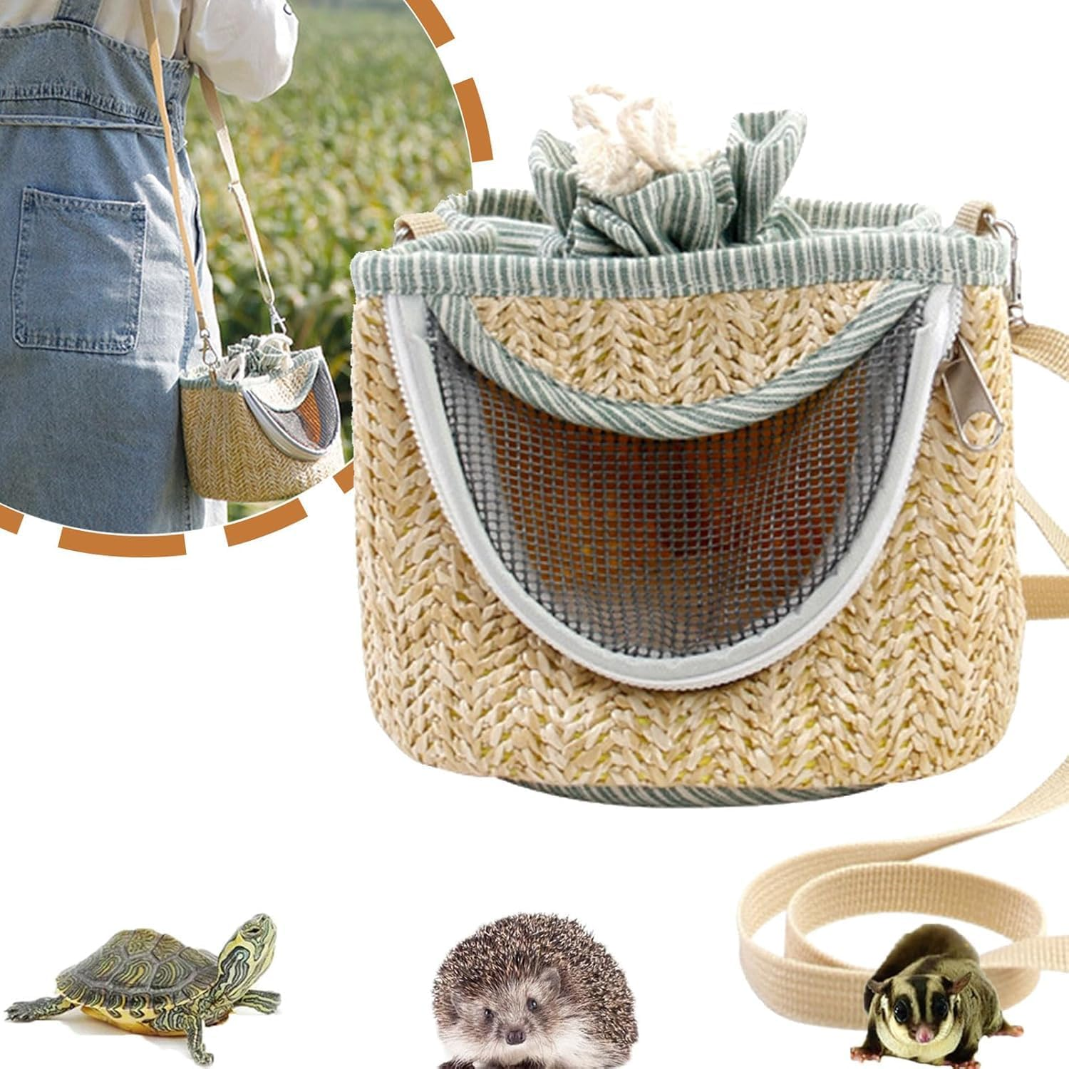 Small Animal Carrier Bag - Portable Breathable Straw Mesh Pet Carrier for Hamster, Guinea Pig, Bunny, Rat, Bird, or Small Pets - Lightweight Travel Outgoing Bag image number 1