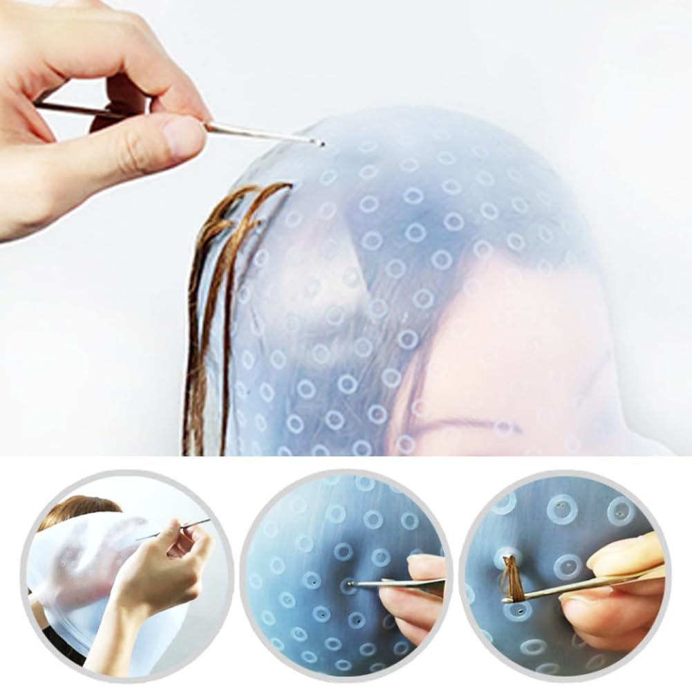 2Pcs Silicone Salon with Crochet Highlight Cap for Dying Hair Flexible Women Men(Color:Transparent White) image number 2