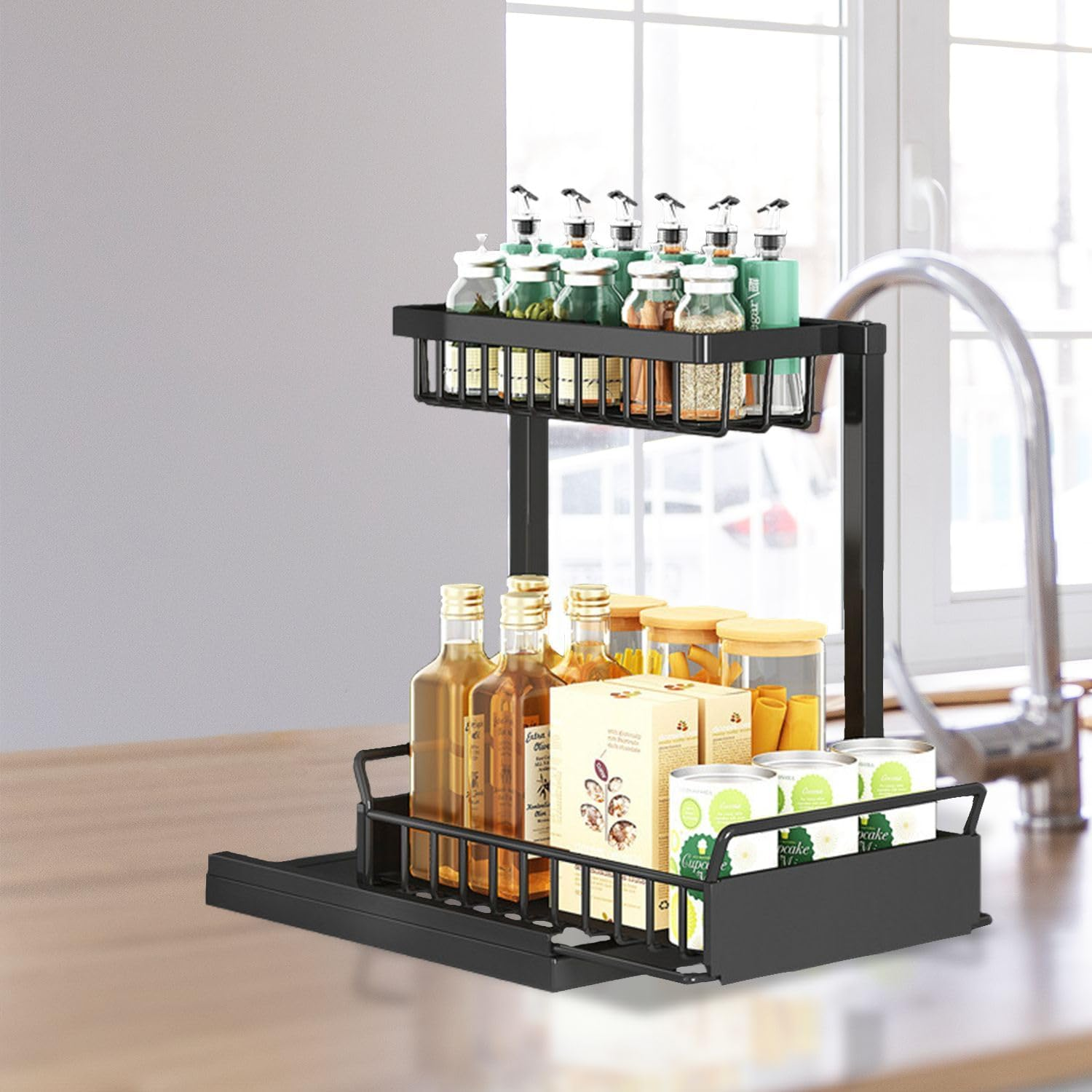 Gominimo under Sink Storage Rack 2 Tier Multi-Purpose, Silent Slide Rails, Strong Bearing Capacity, Easy Accessibility, Perfect for Kitchen, Home Storage and Organisation, Black image number 1
