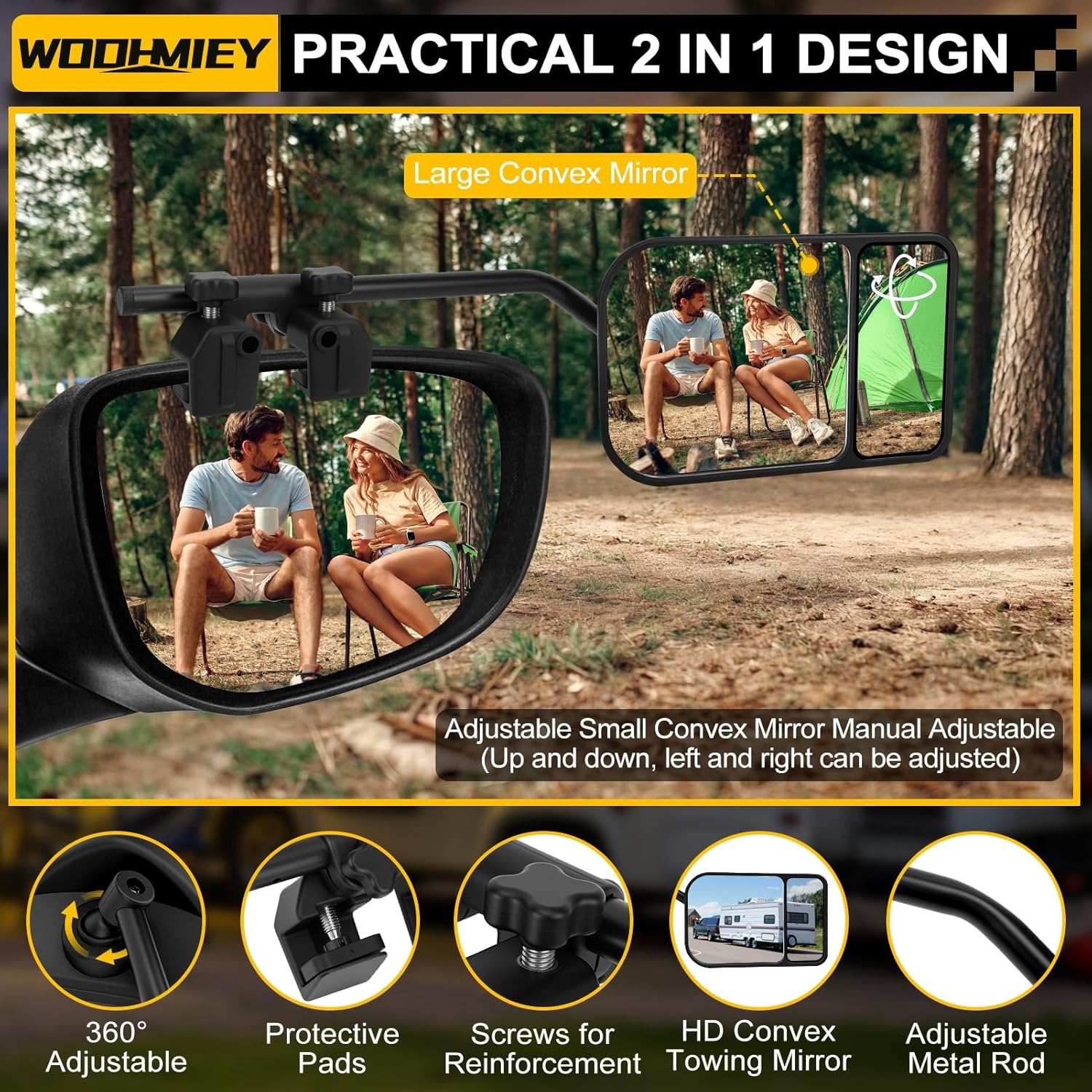 WODHMIEY Universal Towing Mirror, Clip on Towing Mirrors Extensions, 360 Degree Rotation, Adjustable Angle Metal Bracket for Trailer Bus RV Truck with ABS Glass Construction image number 6