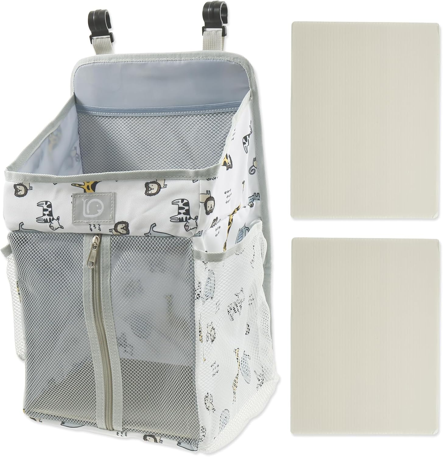 Baby Crib Hanging Caddy Organizer, Multi Pocket Baby Diaper Hanging Bag, Nappy Stack Organizer, Machine Washable for Wipes Nursery (White Animal)