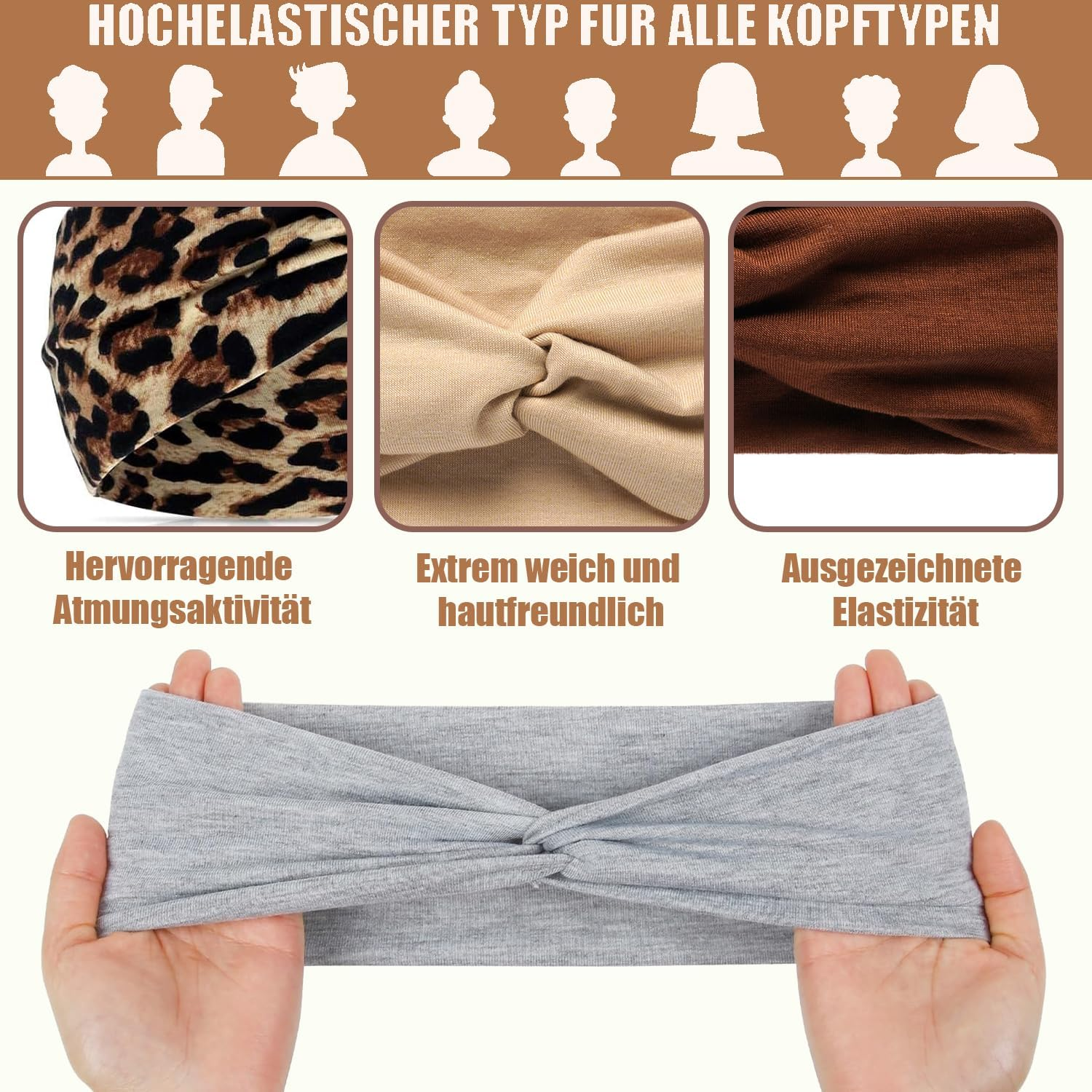 Norhogo Pack of 6 Elastic Headbands, Women'S Headband Elastic Wide Headbands, Headband Knot Sports Headwrap Headband Yoga Hair Accessories for Girls, Leopard Print, Plain