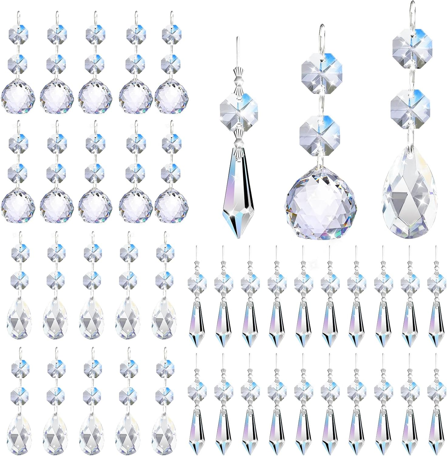 Milkary 44 Pack Chandelier Crystal Prism Replacement, 38Mm Hanging Clear Crystal Glass Bead Prisms 20Mm Chandelier Crystals Modern for Foyer Wedding Lamp Windows Christmas Tree Decoration image number 2