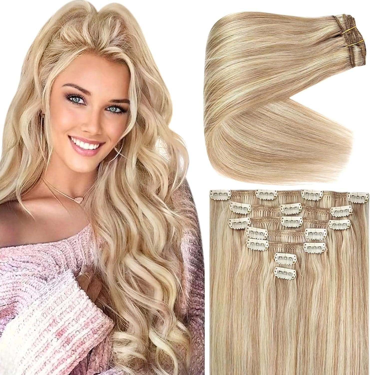 Vesunny 16Inch Clip in Ombre Blonde Hair Extensions Balayage Color #8 Light Brown Fading to #22 Blonde Mix Brown Full Head Clip in Hair Extensions Thick Human Hair 7Pcs/120G