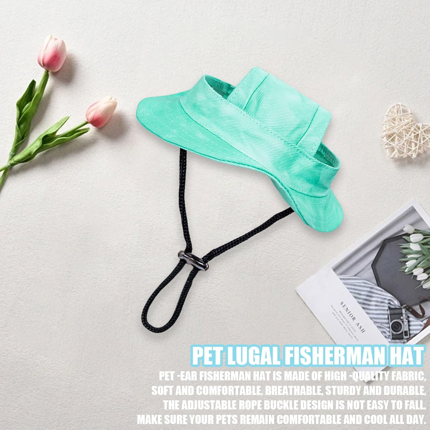 Dog Sun Hat, 1 Piece Adjustable Dog Sun Protection Hat with Ear Holes, round Brim Dog Visor Cap, Pet Fishing Hat for Puppies, Small Dogs, Cats, Outdoor Sports (Green, M) image number 5