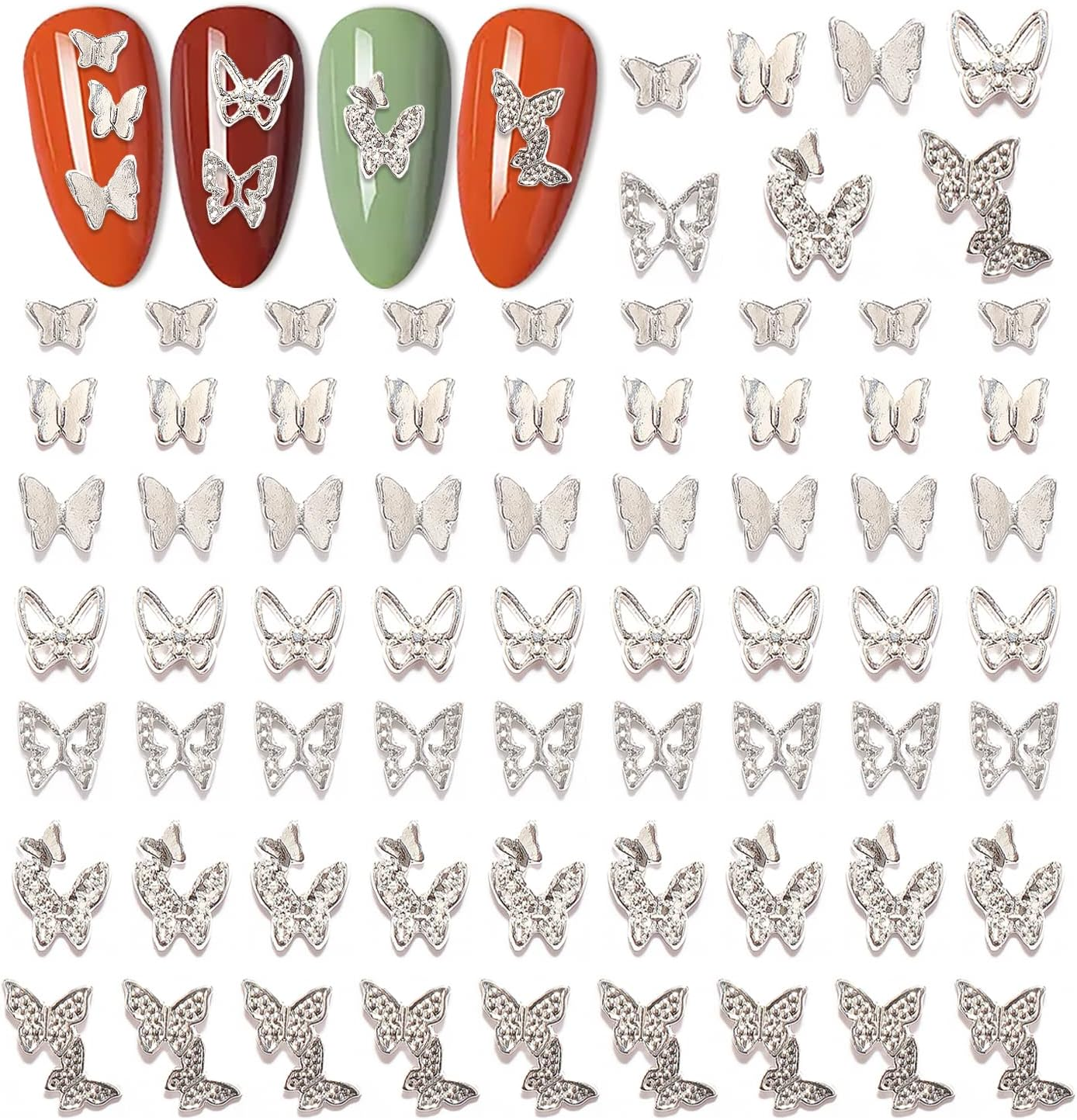 DANNEASY 70Pcs Butterfly Nail Charms 3D Nail Butterfly Charms for Nails Design Alloy Nail Jewels Nail Decoration for Acrylic Nails DIY Craft Nail Art Accessories (Silver/7Style) image number 2