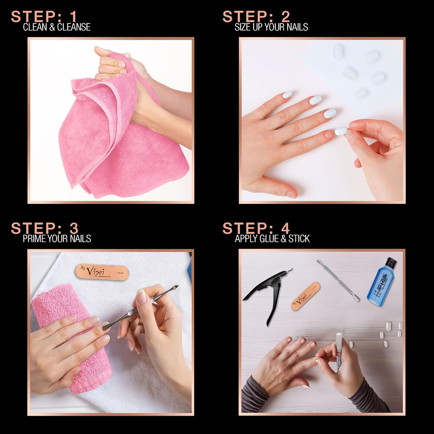 By Vixi 600 MEDIUM ALMOND NAIL SET with PREP FILE, 10 Sizes &ndash; Clear Express Full Cover False Fingernail Extensions for Salon Professionals & Home Use