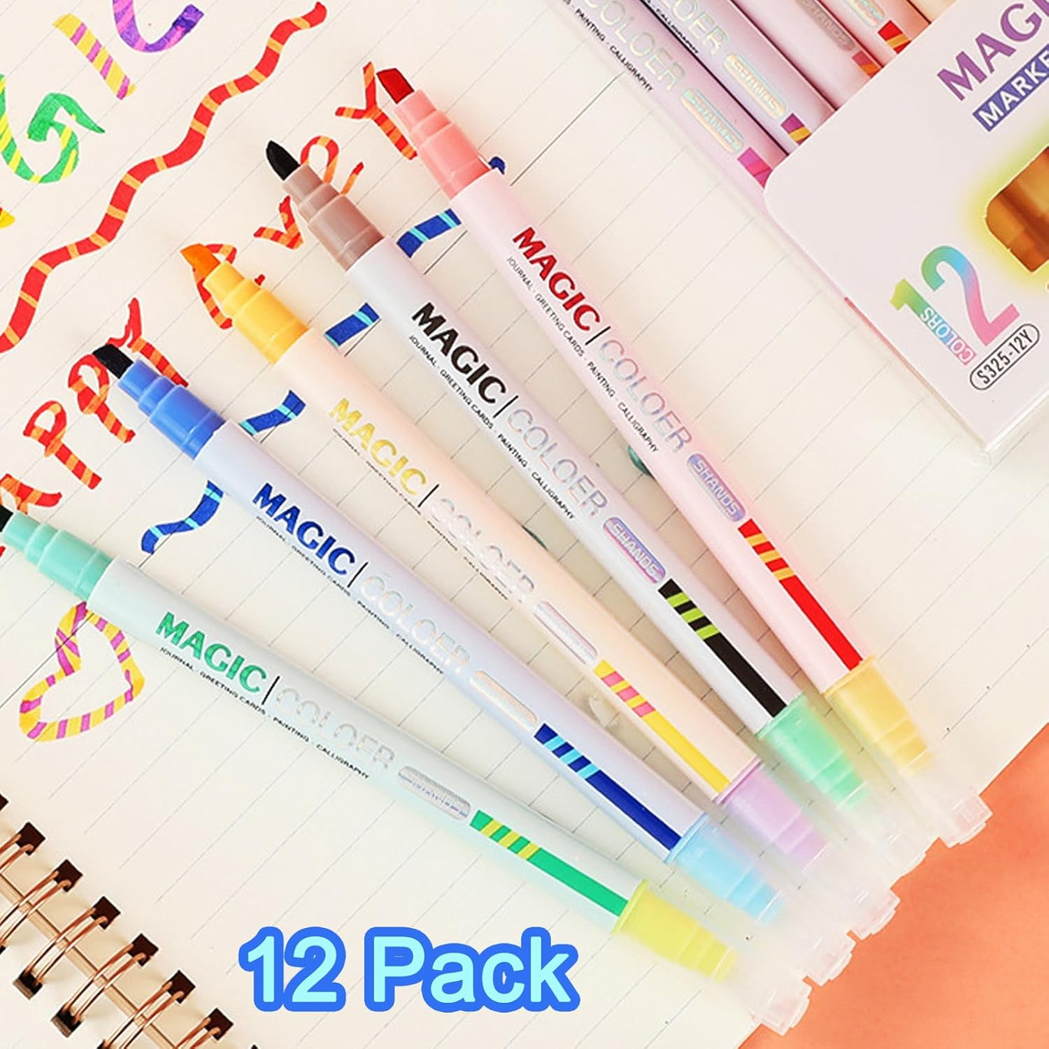 SAYEEC Magic Color Changing Markers, 12 Vibrant Colors Amazing Magic Highlighters, Double Sided Fun Fluorescent Drawing Marker Pens for DIY Cartoon Diary, Note Taking, Coloring Book, 3D Lettering - 12 Pcs image number 6