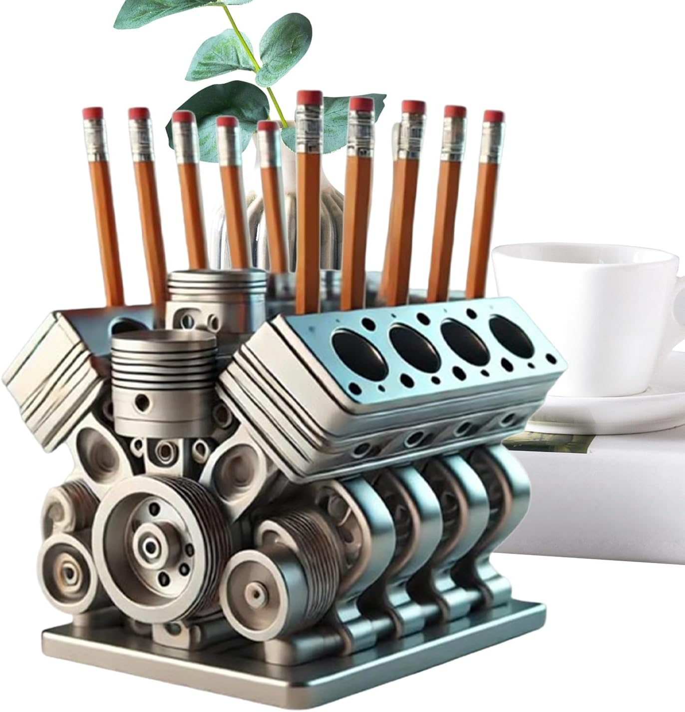 Pen Holder with V8 Engine, Engine Block Pencil Organizer, 3.94X3.94X3.15 Inches, Unique Desktop Storage for Stationery, Workplace Supplies, and Living Room or Bedroom Decor