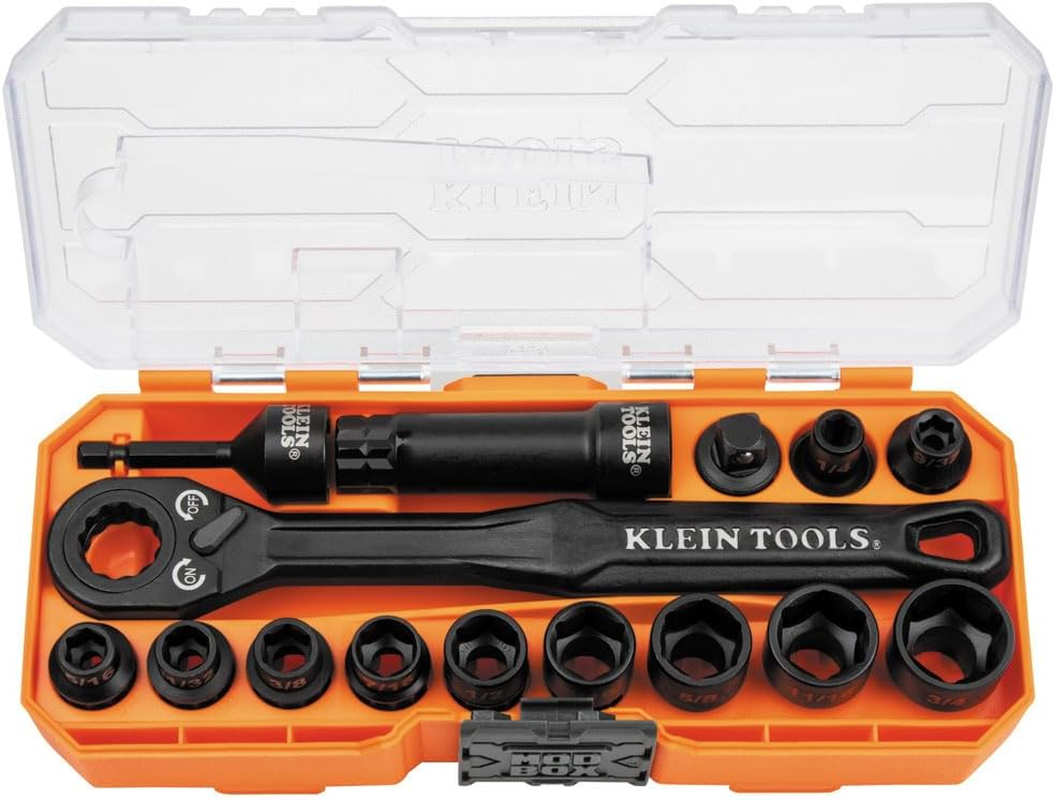 Klein Tools A-65400 KNECT 3/8 Inch Drive Impact-Rated Pass through Socket Set (15 Pieces) image number 1