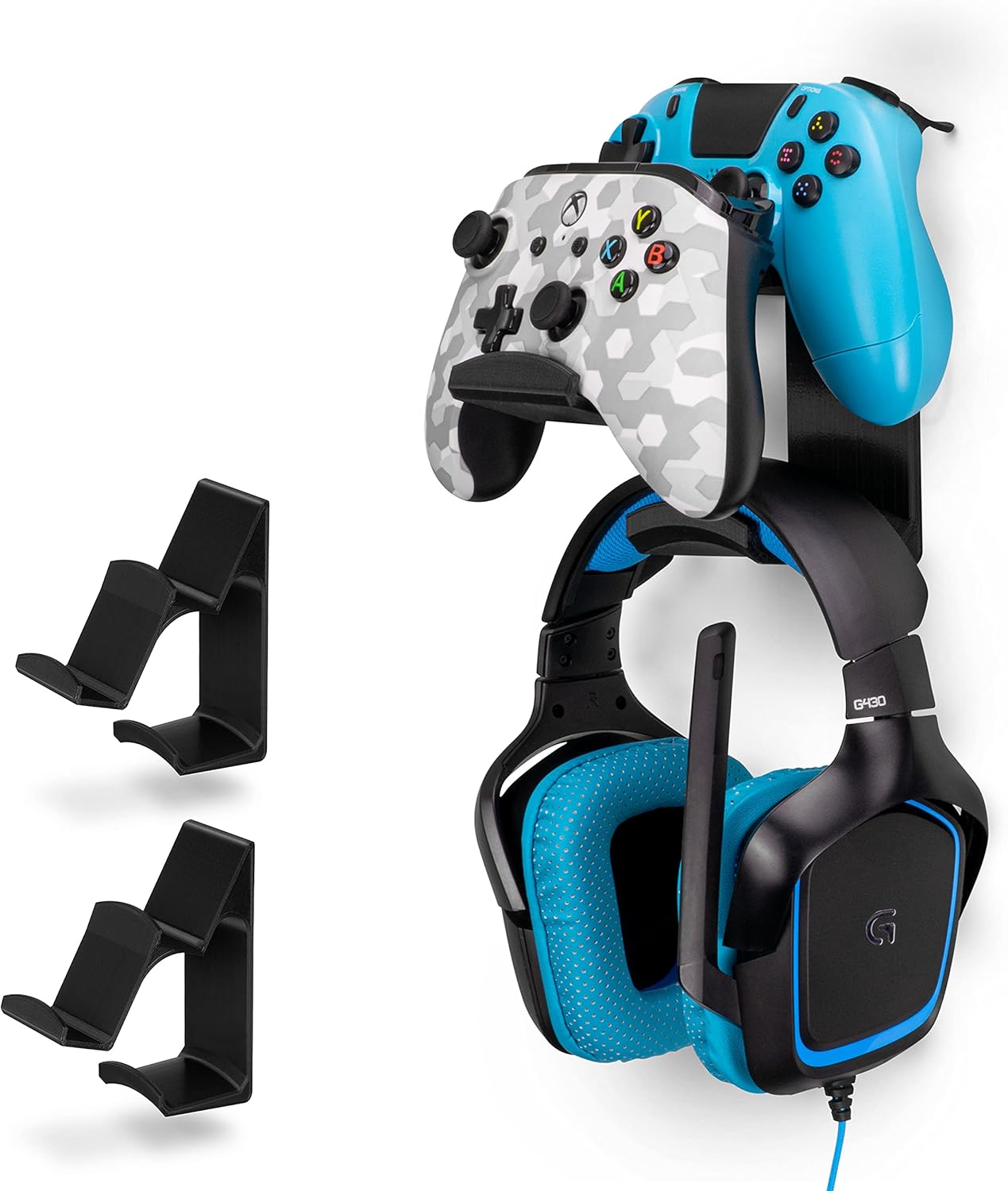 The Uberatlas Dual Game Controller & Headphone Stand Wall Mount Holder for Xbox ONE, Series X, PS5, PS4, PS3, Switch, STEELSERIES Gamepad & More, Stay Organized No Screws, by Brainwavz