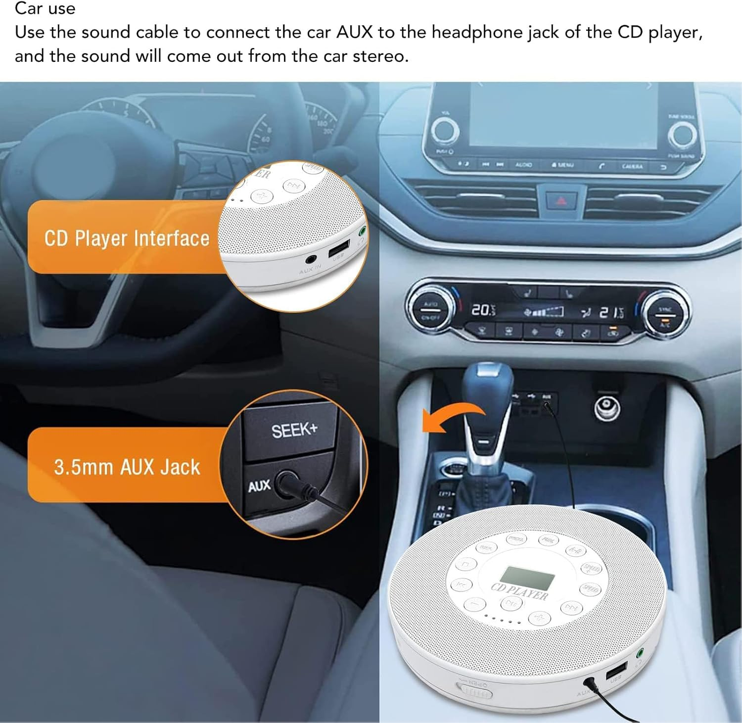 CD Player Portable, 1500Mah Rechargeable CD Player with Charging Cable and Sound Cable, Compact anti Skip Shockproof CD Player for CD CD RW MP3 (White without BT) image number 5