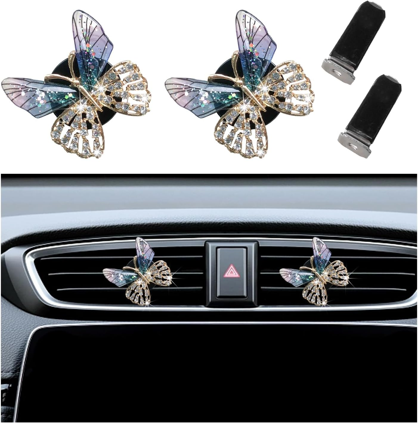 2PCS Bling Butterfly Air Vent Clips, Cute Crystal Car Air Fresheners Vent Clips, Rhinestone Diamond Auto Diffuser Vent Clip for Women Girls, Car Interior Decor Accessories (Rose Red)