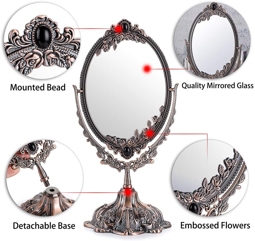 JUXYES Metal Tabletop Antique Decorative Makeup Mirror with Stand, Vintage Swivel Double Sided Cosmetic Mirror with Frame, Retro Desktop Oval Dressing Mirror for Bathroom Bedroom image number 1