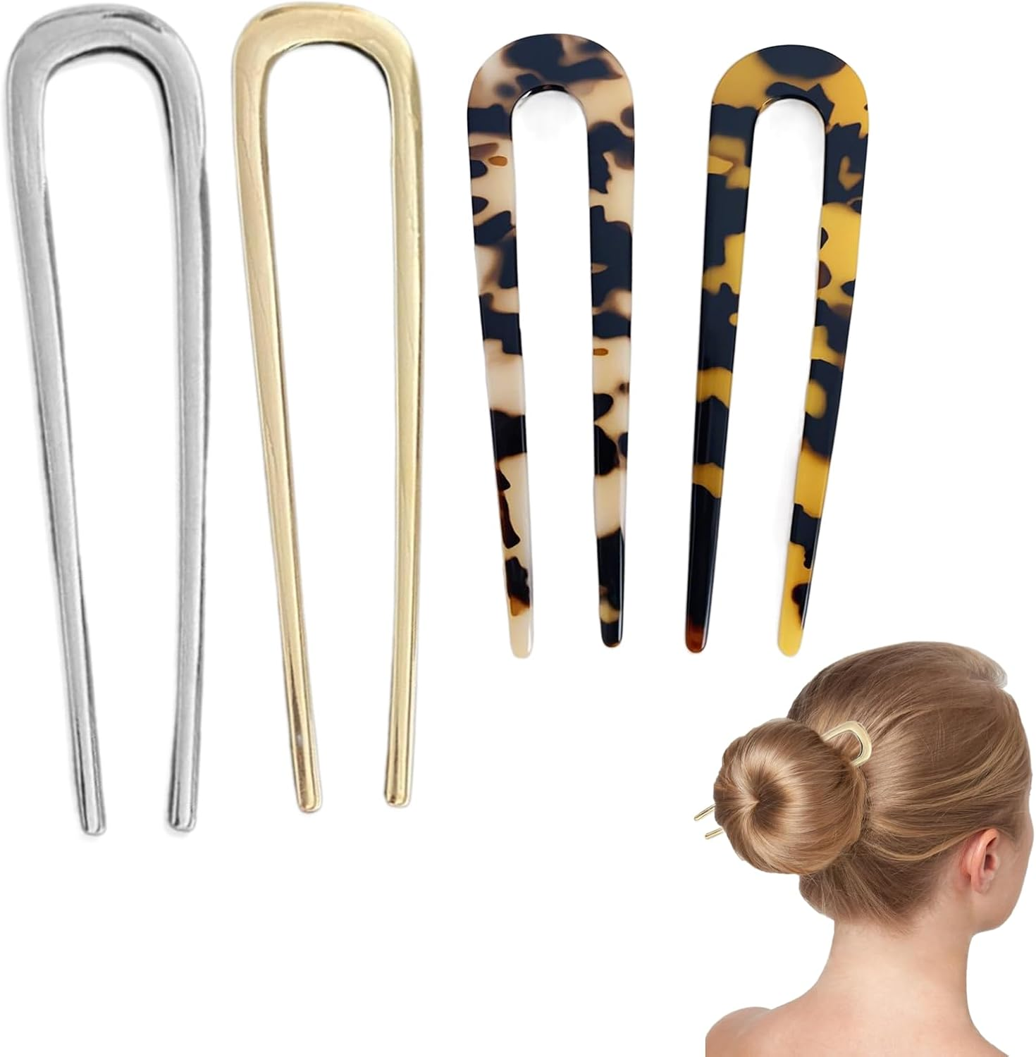 Pack of 4 U-Shaped Hair Pins, French Hair Pins, French Hair Clip, Metal Clip, Delicate Hair Accessories, Hairstyle Accessories, Bun Pins for Hair, Gold and Silver Hair Clips for Women and Girls image number 6