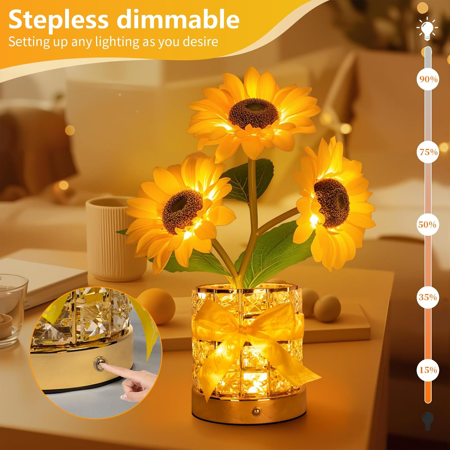 Sunflower LED Lamp,Usb Rechargeable Touch Night Light, 3 Color Stepless Dimmable,Small Battery Flower Decor for Bedroom, Restaurant, Bar &ndash; Birthday, Mother&rsquo;S Day,Wedding Gifts for Women,Mom image number 4