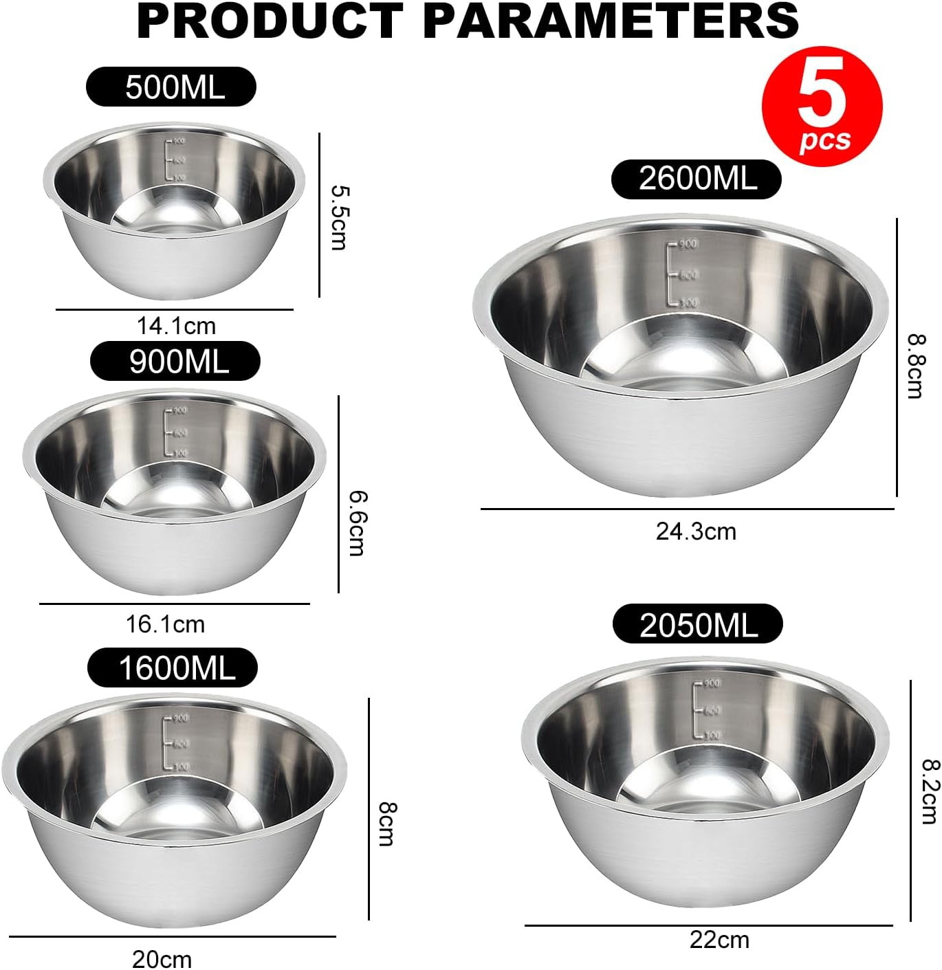 Stainless Steel Mixing Bowls Set of 5, Nesting Whisking Bowl Set, Space-Saving Storage, Metal Mixing Bowls for Baking, Prepping, Cooking and Serving Food, Salad, Vegetables